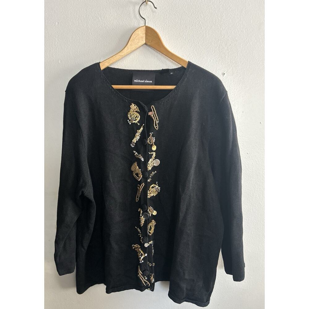 VTG Michael Simon Sweater Women's 2x Black Cardigan Button Up Jazz Instruments